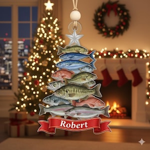 Personalized Fish Christmas Tree 2D Flat Ornament, Funny Fishing Christmas Tree Decor, Fisherman Gift, Bass Fish Fisherman Christmas Gift