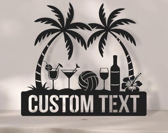 Letrero metálico personalizado para bar tiki, bar de playa, salón tiki, decoración de bar de verano, playa tropical, palmeras, bar de cócteles