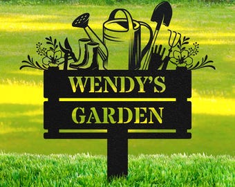 Custom Metal Garden Sign, Personalized Garden Name Sign, Yard Sign with Garden Tools, Metal Outdoor Yard Plaque, Outdoor Marker for Garden