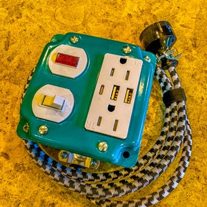 May include: A teal green electrical outlet box with a white three-prong outlet, a light switch, and a red light. The box is attached to a black and white braided cord.