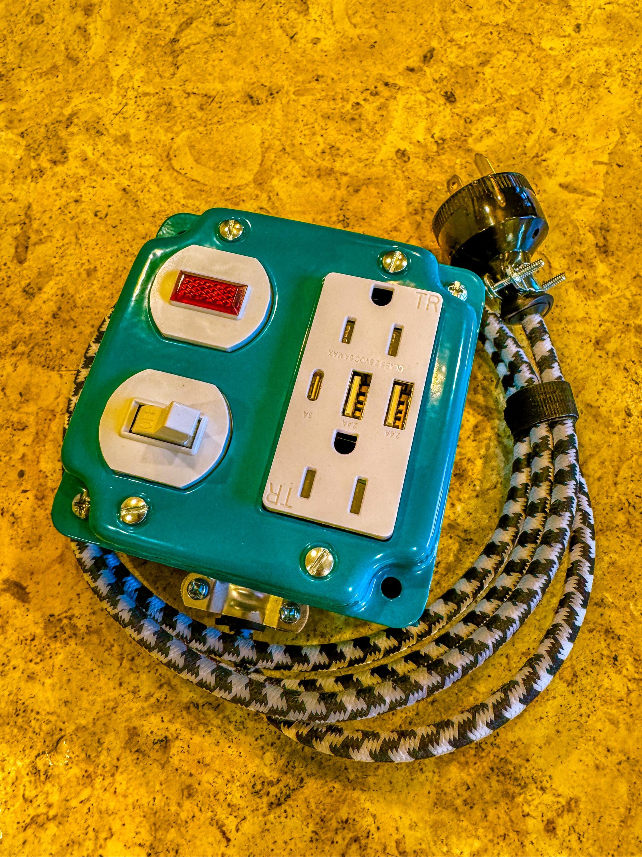 Retro Turquoise Charging Station, 2 AC Outlets, 3 USB, 5.5 Foot Extension