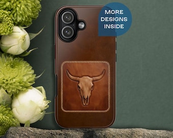 Western Leather Phone Case Faux leather Longhorn Iphone 17 16 15 14 13 11 Pro Max Plus Phone Case Samsung S25 S24 S23 S22, Pixel 9 8 7 6
