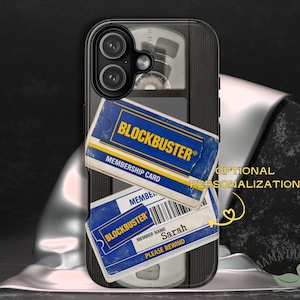 May include: Black phone case featuring a Blockbuster membership card design. The case has a retro aesthetic with a blue and yellow color scheme. The design includes the text "BLOCKBUSTER" and "MEMBERSHIP CARD".