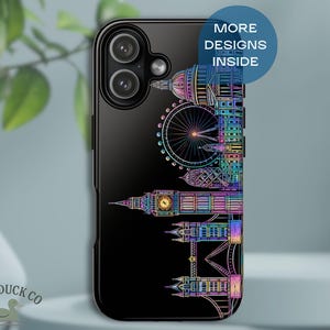 May include: Black phone case featuring a colorful line art design of London landmarks, including the London Eye, Big Ben, and Tower Bridge. The case has the text "MORE DESIGNS INSIDE" in a blue circle. The Mama Duck Co logo is visible.
