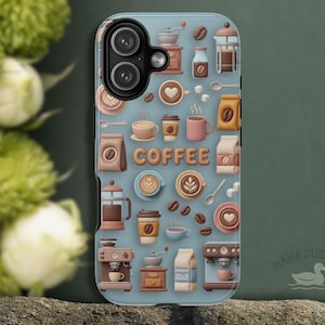 May include: A light blue phone case featuring a repeating pattern of coffee-related illustrations. The design includes coffee cups, beans, grinders, and the word "COFFEE" in large letters. The case has a glossy finish.