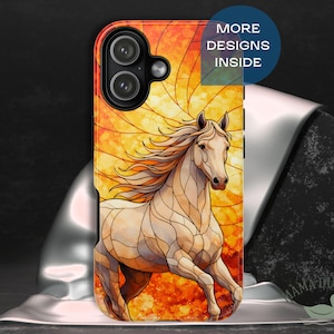 May include: A phone case featuring a white horse design with a flowing mane, set against a stained-glass style background of orange and yellow hues. The case has a black camera module and the text "MORE DESIGNS INSIDE".
