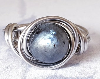 Black Moonstone Stacking Ring, Wire Wrapped, Hypoallergenic Stainless Steel, Handmade Jewellery