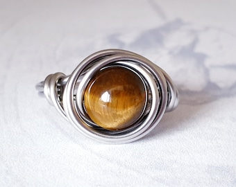 Tigers Eye Stacking Ring, Wire Wrapped, Hypoallergenic Stainless Steel, Handmade Jewellery
