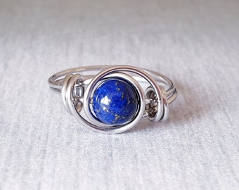 Lapis Lazuli Ring, Hypoallergenic, Stainless Steel Ring, Wire Wrapped Ring, Stacking Ring, Birthday Gift, Gift For Her, Gift For Mum