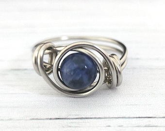 Blue Sodalite Wire Wrapped Ring, Stainless Steel Hypoallergenic, Handmade Meditation Gemstone Jewelry, Gift for Her, Sagittarius Stone.