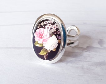 Schwarzer Blumenring, Statement-Ring, Geschenke für Freundin, Geschenk für Sie, digitaler Blumendruck, Geburtstagsgeschenk, Freundschaftsgeschenk, Valentinstagsgeschenke