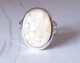 White Opal Ring, Vintage Glass Cabochon, Adjustable, Statement Ring, Gift For Her, Boho Bride Jewelry, Boho Wedding Ring, Womens Rings