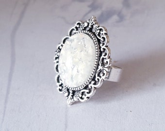 White Opal Ring, Vintage Glass Cabochon, Adjustable, Statement Ring, Gift For Her, Boho Bride, Boho Wedding Ring, Victorian Style Ring