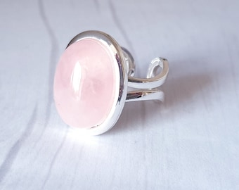 Justerbar silverring i rosenkvarts, kärleksädelsten, hjärtchakrakristall, bohemiska smycken