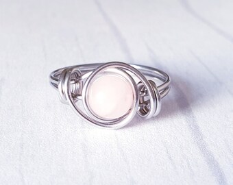 Rose Quartz Ring, Stainless Steel, Hypoallergenic, Wire Wrapped Ring, Stacking Ring, Gift For Her, Birthday Gift, Pink Quartz, Promise Ring