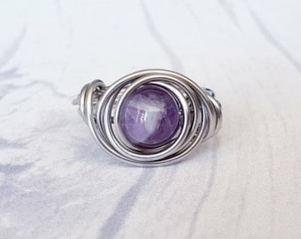 Amethyst Ring, Stainless Steel Ring, Hypoallergenic Ring, Wire Wrapped Ring, Spiral Ring, February Birthstone, Statement Ring, Gift For Her