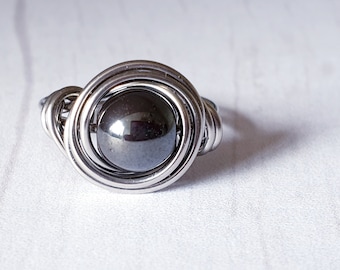 Hematite Ring, Hypoallergenic, Wire Wrapped Ring, Gift For Her, Stainless Steel Ring, Spiral Ring, Birthday Gift, Healing, Valentine's Gift