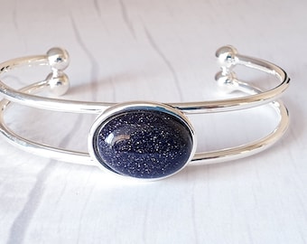 Blue Goldstone Cuff Bangle Bracelet, Adjustable, Gift For Her, Valentine's Gift, Gift For Mum, Friendship Gift, Celestial, Starry Night Sky