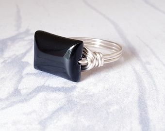 Black Onyx Sterling Silver Filled Wire Wrapped Rectangle Statement Ring, Handmade Gemstone Jewelry,  Protection Stone, Gift For Her