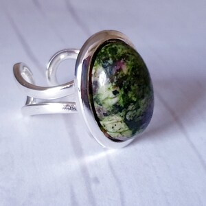 Justerbar ring med rubinzoisit, ovalt cabochon-smycke, försilvrad, present till helande ädelsten bild 3