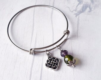 Scottish Thistle Adjustable Bangle Bracelet - Celtic Knot Charm, Handmade Scottish Jewelry Gift from Scotland