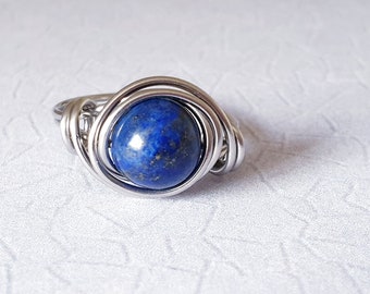Lapis Lazuli Ring, Hypoallergenic, Stainless Steel Ring, Wire Wrapped Ring, Stacking Ring, Birthday Gift, Gift For Her, Bridesmaid Gift