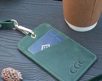 Customizable Leather ID Card Holder, Personalized Badge Holder with Lanyard, Secure ID Display Case, Leather Name Tag Holder