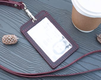 Custom Leather ID Holder with Lanyard, Personalized Badge Case, Leather Name Tag Holder, ID Card Holder with Neck Strap - Father's Day Gift