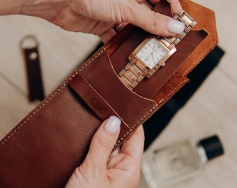 Personalized Leather Watch Case – Slim Travel Pouch for 1 Watch, Custom Gift for Him, Anniversary or Christmas Gift Idea