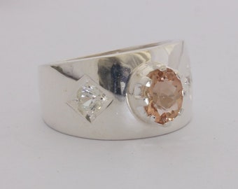 Oregon Sunstone Peach Oval White Sapphire Accents 925 Ring Size 9.5 Design 433