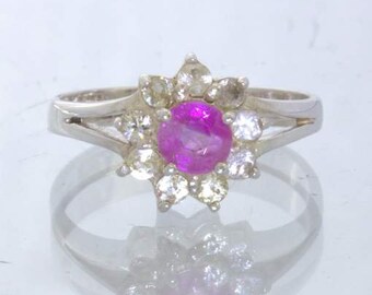 Pink Burma Sapphire Round White Sapphire Halo 925 Ladies Ring size 6 Design 54
