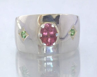 Pink Tourmaline Green Tsavorite Garnet 925 Silver Ring size 6.75 Wide Design 433