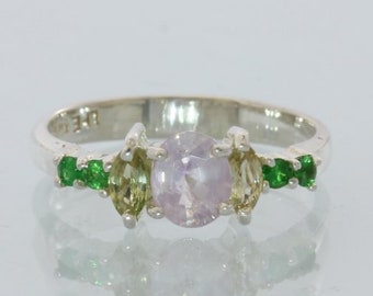 Pink Sapphire Yellow Sapphire Green Tsavorite Handmade Silver Ladies Ring size 8