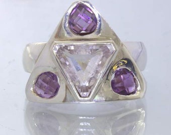 White Topaz Trillion Purple Amethyst 925 Silver Ring size 8.75 Shield Design 381