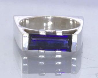 Blue Sapphire Lab Created Rectangle Gem 925 Ring Size 7 Square Bridge Design 120