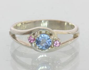 Natural Blue and Pink Sapphires Handmade Sterling Silver Ladies Ring size 7.25