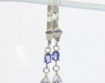White Topaz Blue Tanzanite Sterling Dangle Hinged Snap Hoop Earrings Design 127