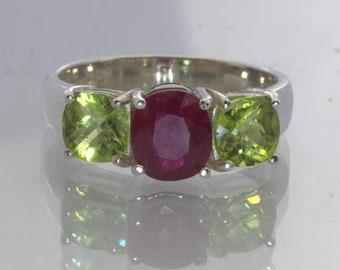 Natural Red Ruby Green Peridot 925 Silver Three Stone Ring Size 8.75 Design 177