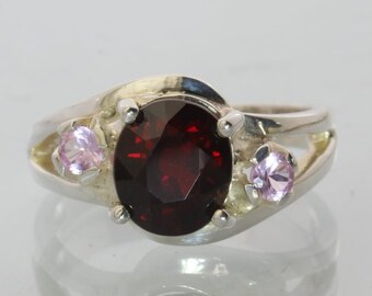 Red Garnet Pink Tourmaline Gemstones Handmade Sterling Silver Ladies Ring size 7