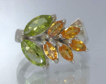 Green Peridot Orange Sapphire Marquise Flower 925 Ring Size 7 Floral Design 40