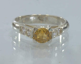 Yellow Citrine White Sapphire Handmade Silver Statement Ring size 6 Design 46