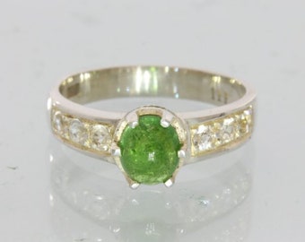 Green Chrome Tourmaline White Sapphire Handmade Silver Ring size 6.25 Design 182