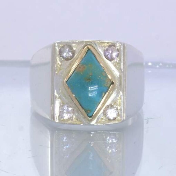 American Turquoise White Sapphire Silver 18K Gold Gents Ring size 10 Design 382