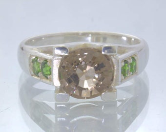 Brown Smoky Quartz Chrome Green Diopside 925 Silver Ring size 8 Ladies Design 46