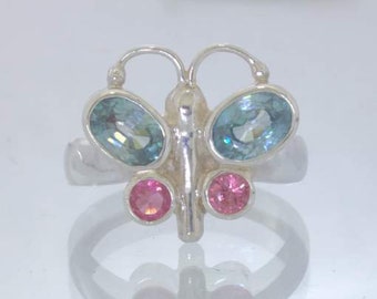 Blue Zircon Pink Spinel 925 Silver Butterfly Ring size 6.25 Ladies Design 193