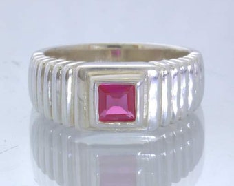 Lab Created Ruby Pink Sapphire 925 Silver Ring size 6 Square Stairs Design 33
