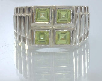 Green Peridot Squares 925 Silver Watchband Style Ring size 9.5 Gents Design 11