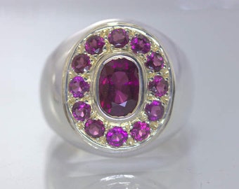 Rhodolite Garnets Raspberry Gems 925 Silver Ring size 10.5 Gents Halo Design 150