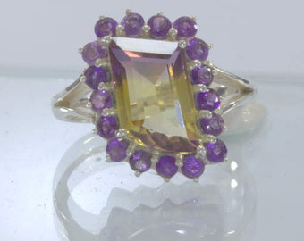 Ametrine Yellow Purple Amethyst Halo Handmade 925 Silver Ring size 8.5 Design 54