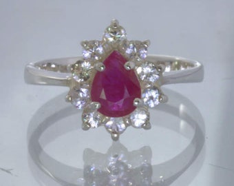 Red Natural Ruby Pear White Sapphire Halo 925 Silver Ring size 8.75 Design 415